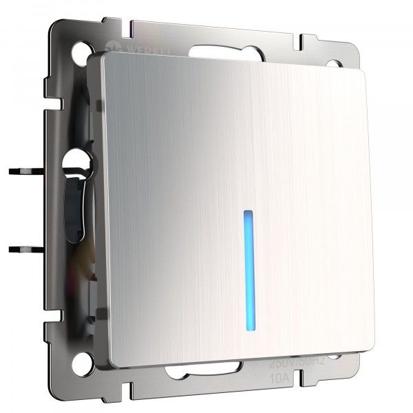 Выключатель одноклавишный проходной с подсветкой (серебряный матовый)